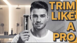 A young man carefully trimming his beard using an electric trimmer in front of a bathroom mirror. The trimmer has LED indicators, and the bathroom setup includes grooming products and bright lighting.