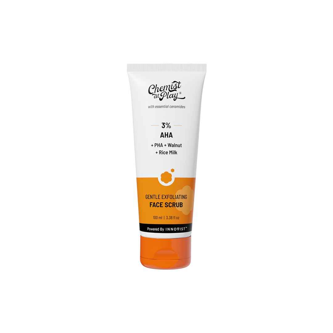 Chemist At Play face scrub with mandelic acid and walnut beads to exfoliate tan, remove blackheads, and give glow in 2025