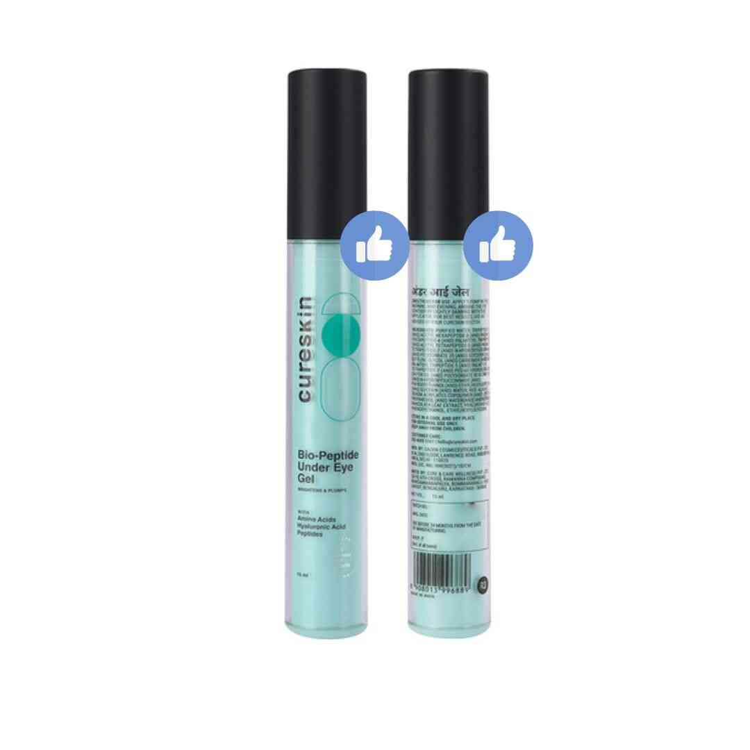 CureSkin Under Eye Gel with Bio-Peptides, Caffeine & Hyaluronic Acid for dark circles, puffiness, and wrinkles.