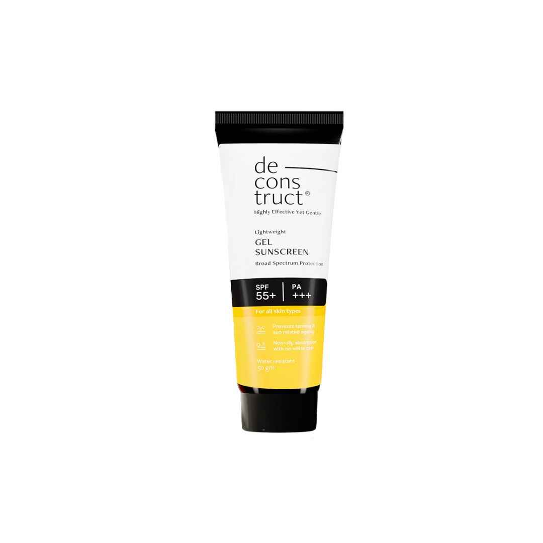 Deconstruct gel-based sunscreen SPF 55+ PA+++ for oily and combination skin, best gel sunscreen India 2025