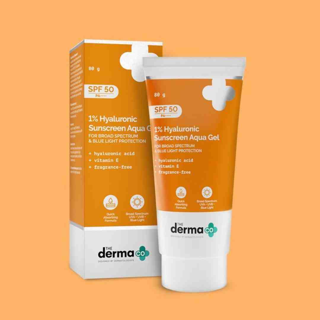 The Derma Co Aqua Gel Sunscreen with 1% Hyaluronic Acid – SPF 50 PA++++, broad spectrum and blue light protection for all skin types