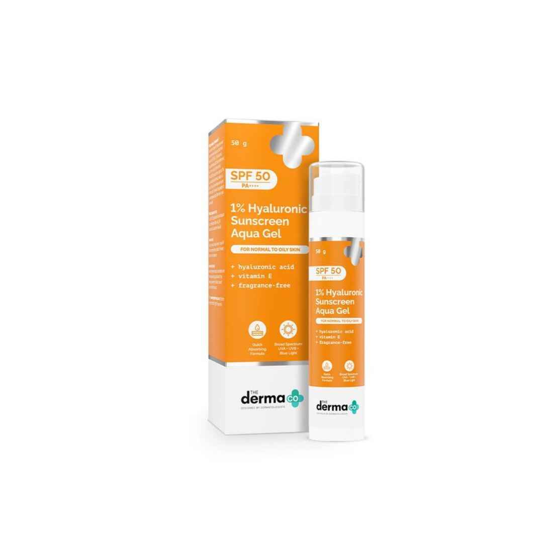 The Derma Co Hyaluronic Sunscreen Aqua Gel SPF 50 – Broad Spectrum & Blue Light Protection for All Skin Types