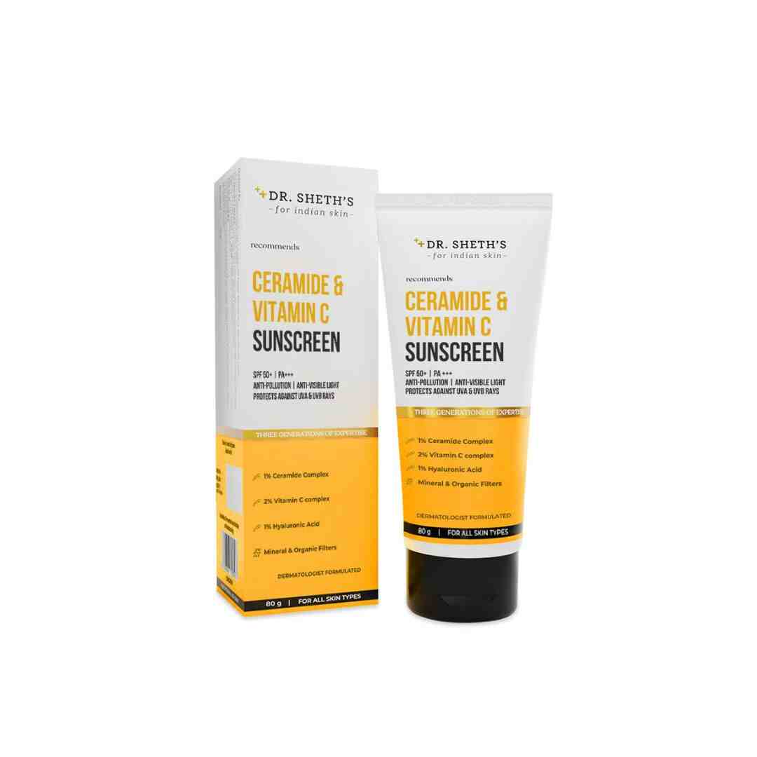 Dr. Sheth’s Ceramide & Vitamin C Sunscreen SPF 50+ – Broad-spectrum sunscreen with quick absorption and no white cast for glowing, healthy skin