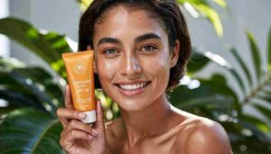 A woman applying sunscreen after moisturizer on her face, following a skincare routine in 2025