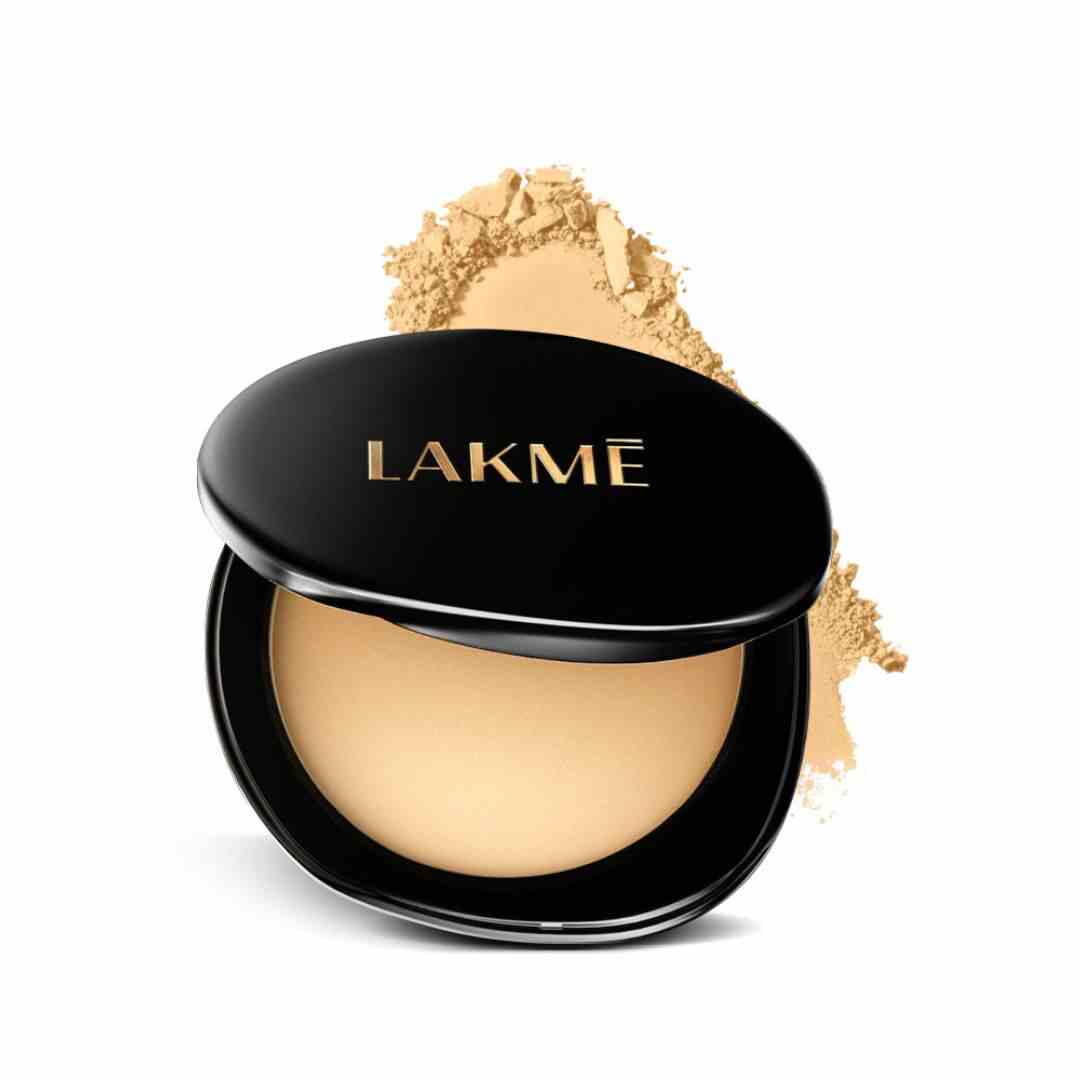 Lakmé Natural Finish Compact Powder in round case with mirror, designed for smooth and even skin tone coverage.