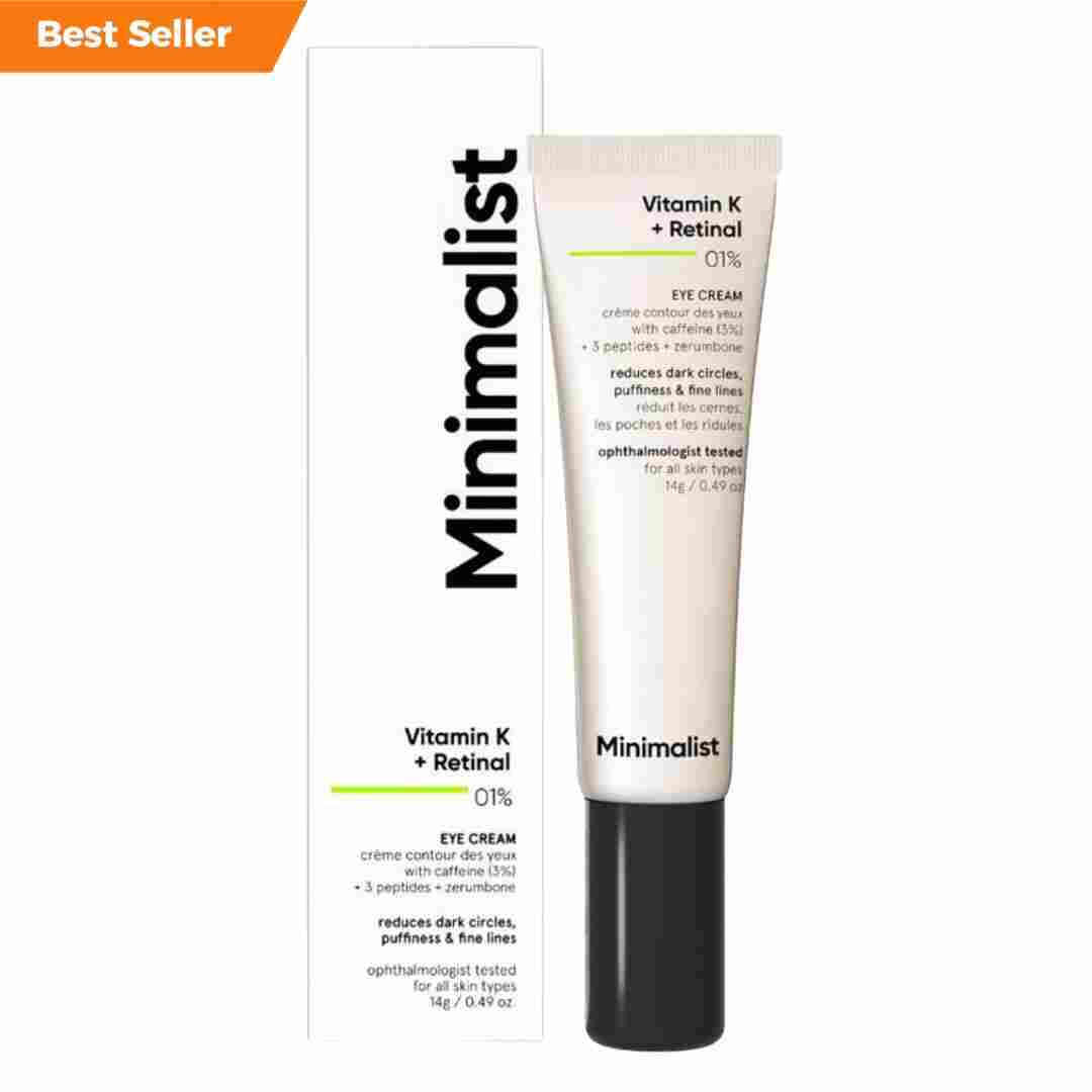 Minimalist Vitamin K + Retinal 0.1% Under Eye Cream for dark circles, puffiness, and wrinkles.