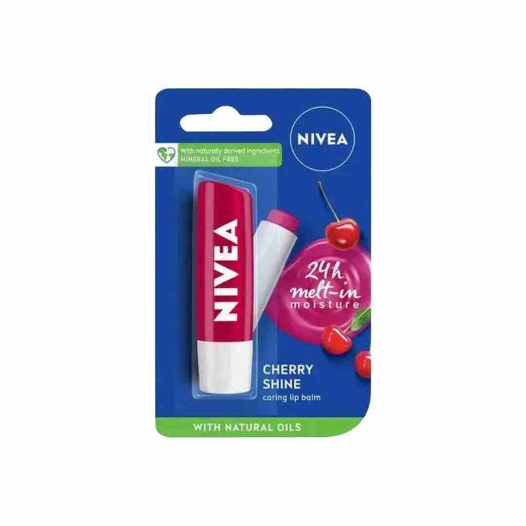 NIVEA Cherry Shine Lip Balm with 24-hour moisture and a natural glossy finish