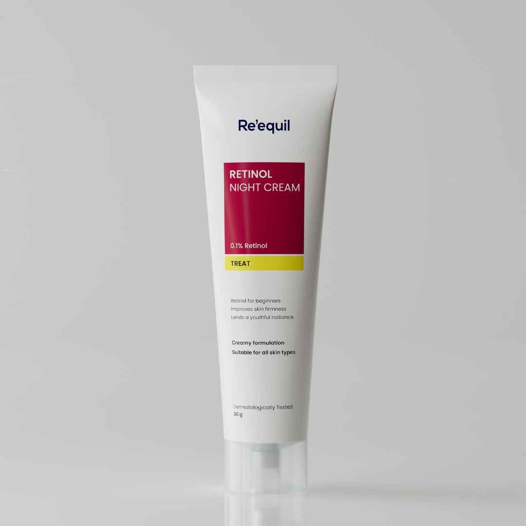 RE' EQUIL Retinol Night Cream for wrinkle-free, firm, and youthful skin.