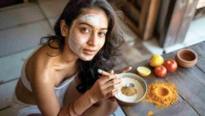 Woman applying home remedy to remove tan naturally from face using curd and gram flour in 2025