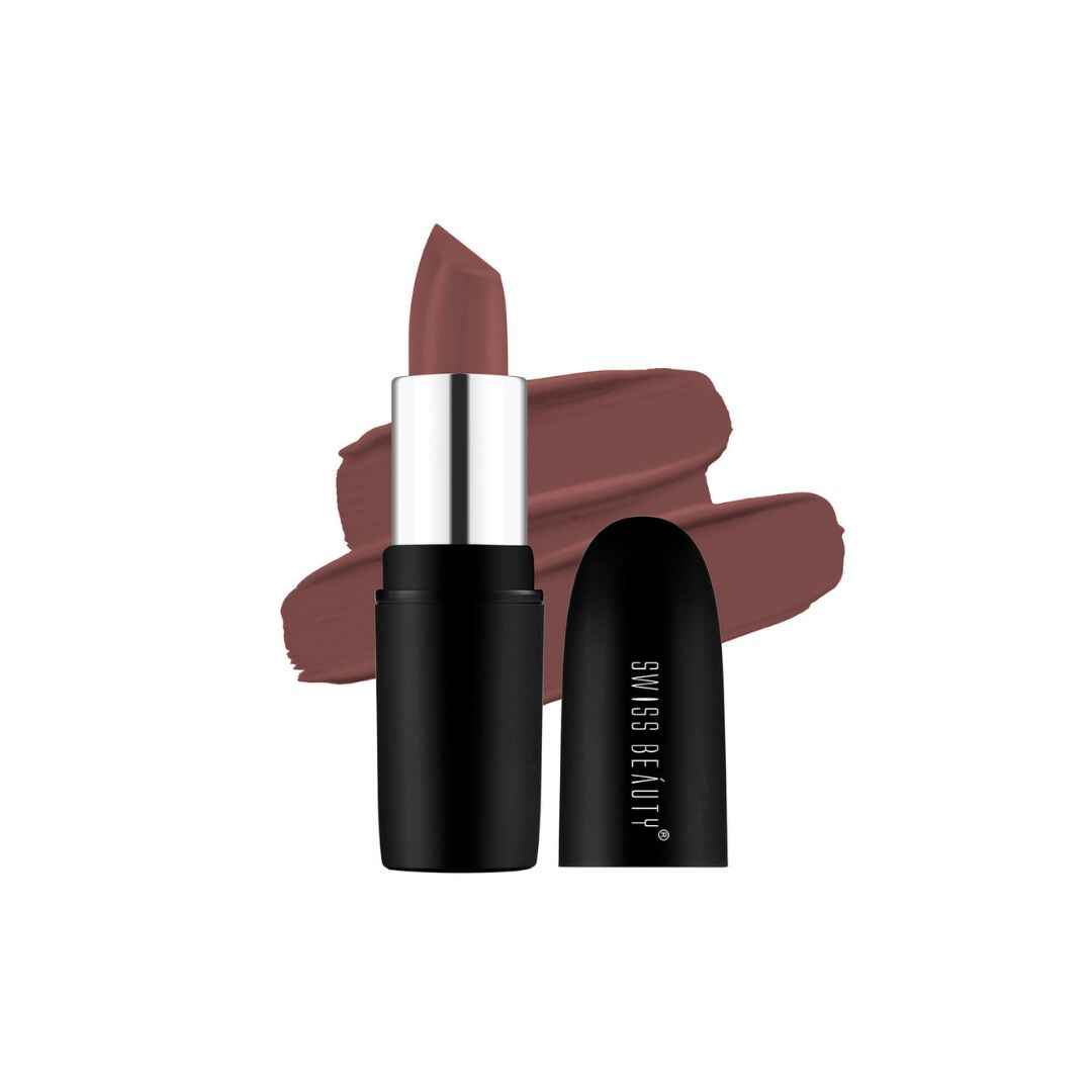 Swiss Beauty Pure Matte Lipstick - Shade Hazelnut Swiss Beauty Pure Matte Creamy Lipstick - Hazelnut shade, highly pigmented, non-drying, and smooth finish for everyday wear