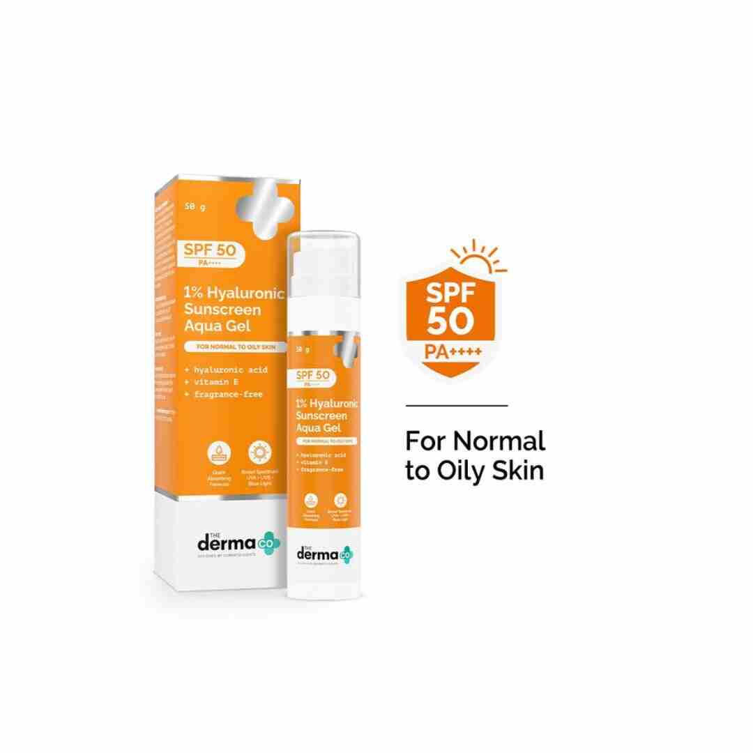 The Derma Co 1% Hyaluronic Sunscreen Aqua Gel SPF 50 for oily and acne-prone skin.