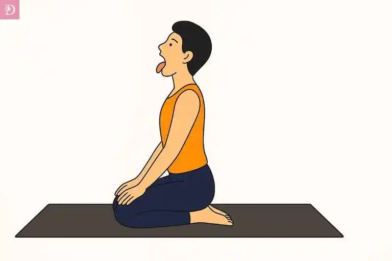 Illustration of Simhasana Lion Pose, sticking out tongue, improving blood flow to the face, and adding natural skin radiance.