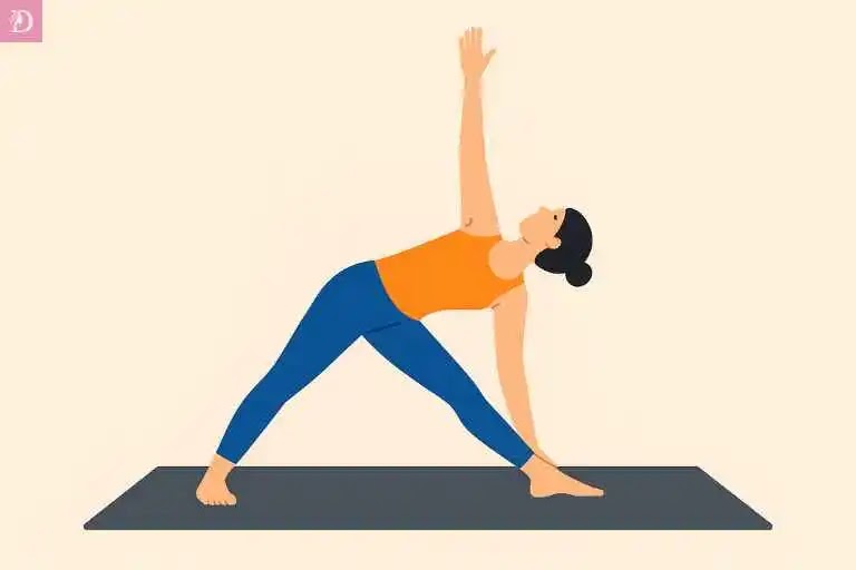 Yoga illustration of Trikonasana Triangle Pose, improving digestion and helping achieve a natural, bright skin glow.