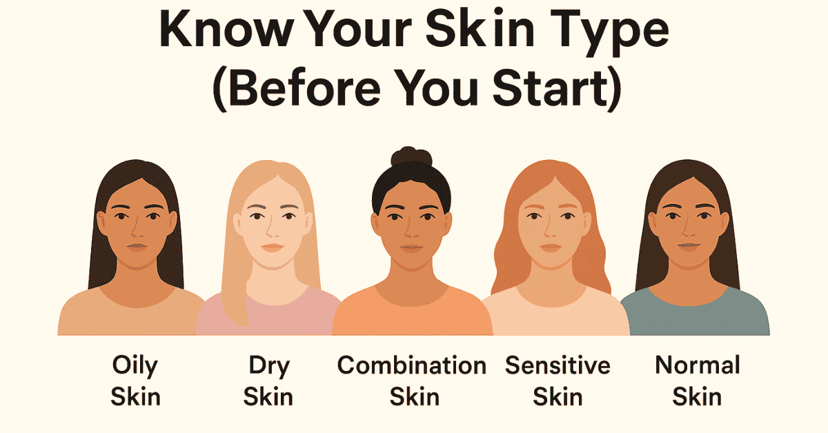 Illustration showing five women with different skin types — oily, dry, combination, sensitive, and normal — to guide skincare routine for beginners in 2026.