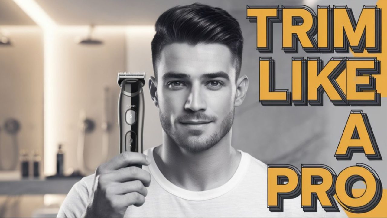 A young man carefully trimming his beard using an electric trimmer in front of a bathroom mirror. The trimmer has LED indicators, and the bathroom setup includes grooming products and bright lighting.