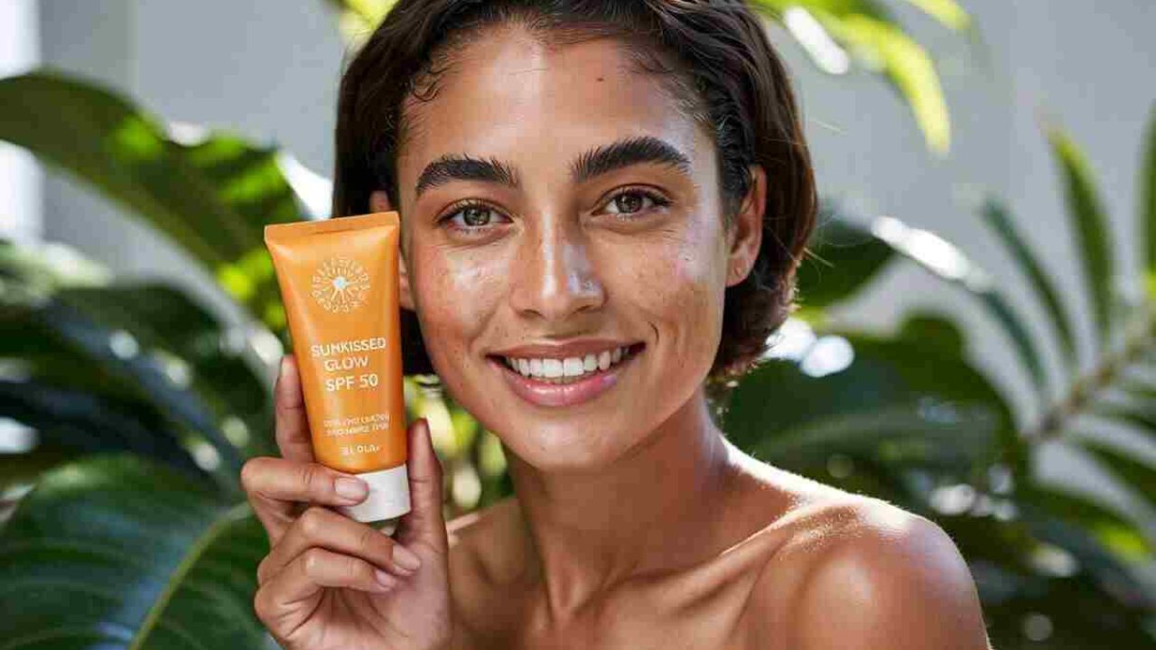 A woman applying sunscreen after moisturizer on her face, following a skincare routine in 2025