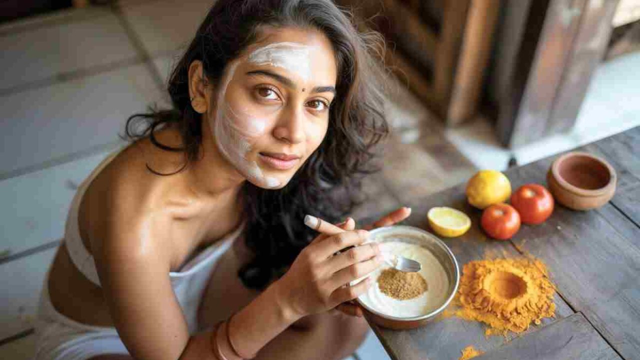 Woman applying home remedy to remove tan naturally from face using curd and gram flour in 2025